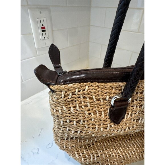 BRIGHTON Handbag Braided Leather Woven Straw Rafia Satchel Purse Heart Y2K - Picture 5 of 16